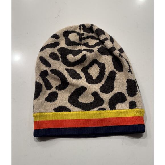 KULE Leopard Print Cashmere Wool Blend Beanie Hat One Size Striped Animal City - Picture 1 of 6